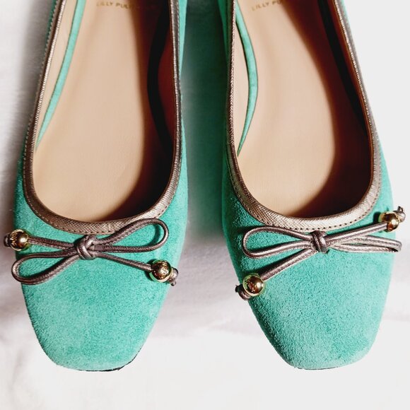 Lilly Pulitzer, Jewel Green Suede Flat Shoes, Size 7M, Gold Trim, Bow, Squared - Picture 9 of 16